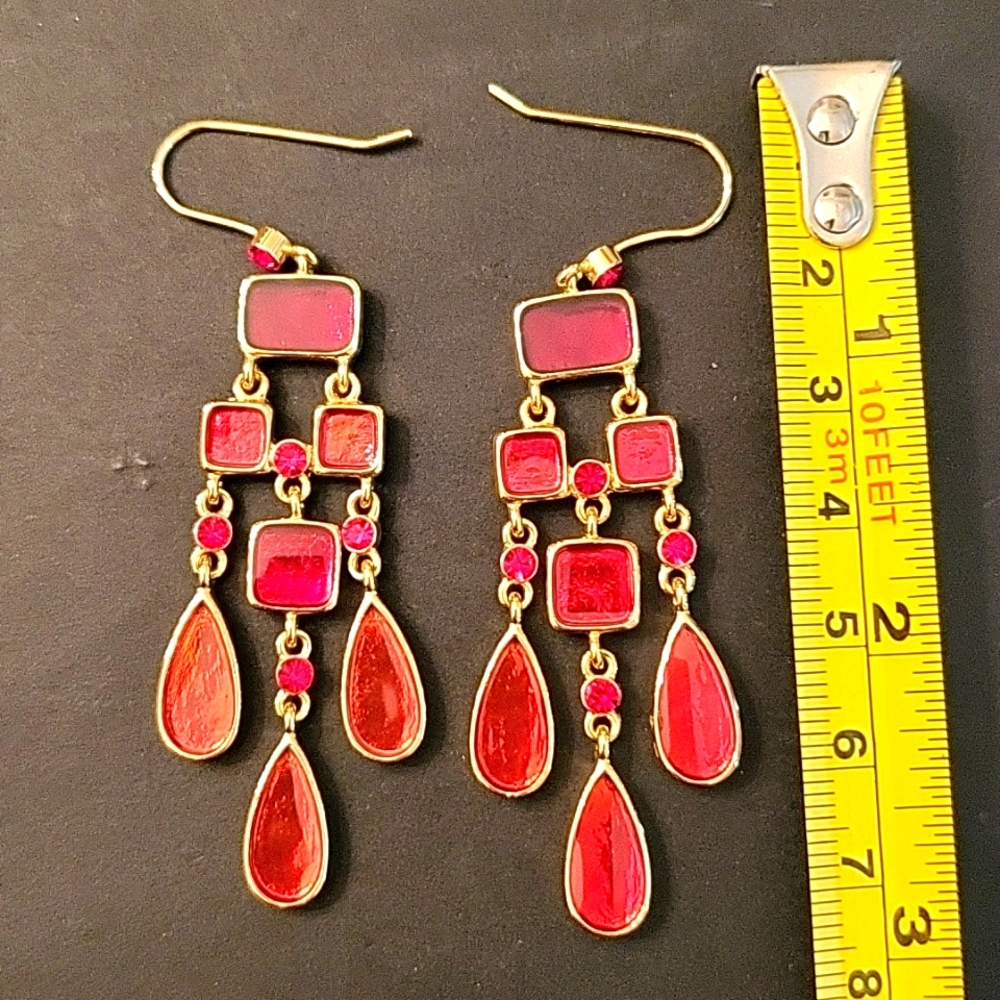 NEW Chandelier Earrings, Red & Gold, Enamel & Crystals, Le Chateau - Picture 6 of 9